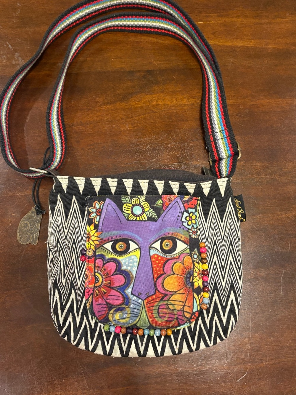 Laurel Burch Blossoming Feline Cat Crossbody Bag Beaded Chevron Canvas Purse